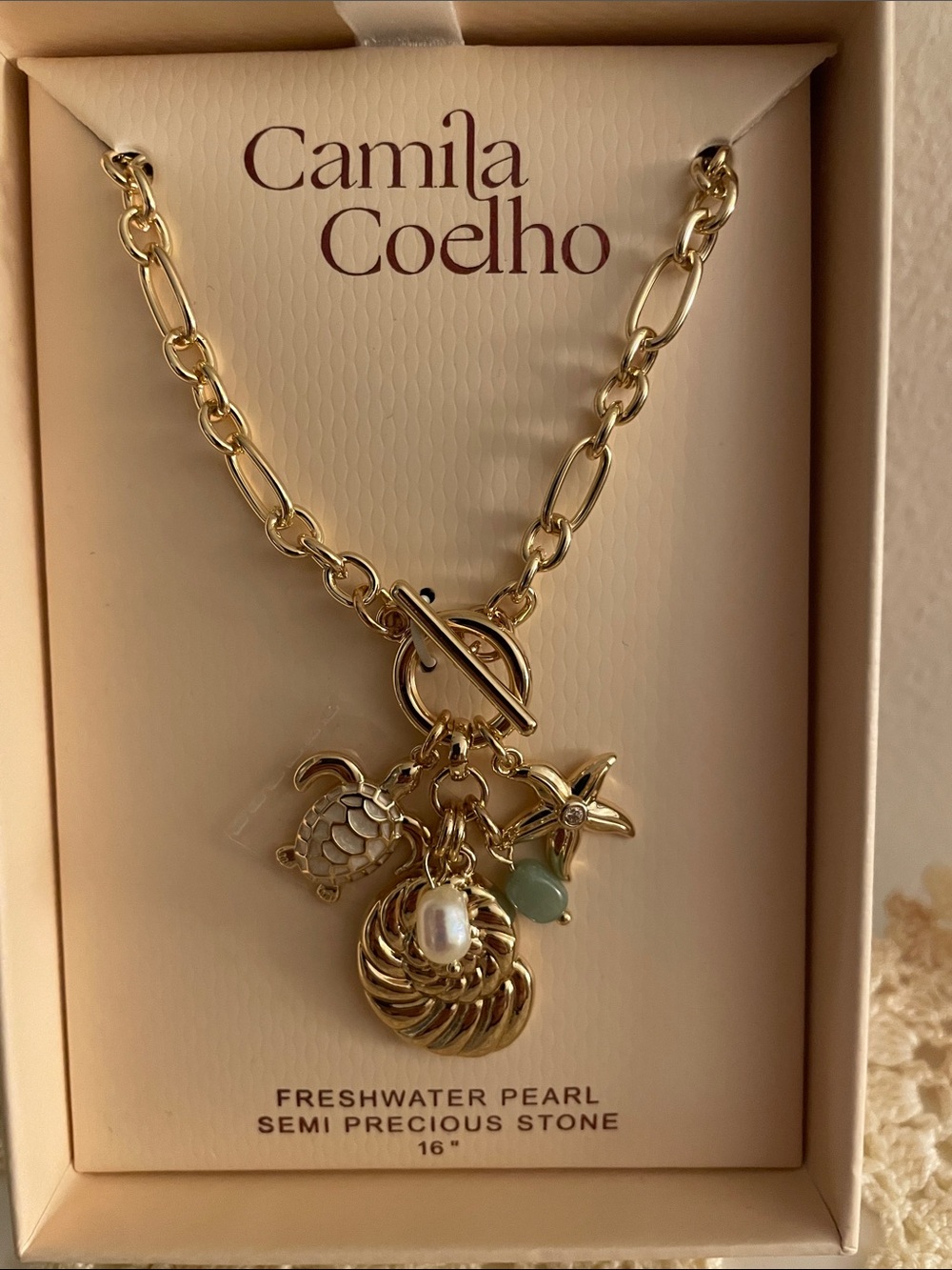 Camila Coelho Gold Charm Necklace with Pearl and Sea-Green Stone